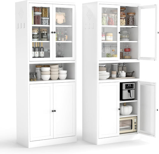 AQY Kitchen Pantry Cabinet,72" White Pantry Storage Cabinet with Adjustable Shelves and Glass Doors,Freestanding Cupboard,Metal Pantry Cabinets with Handle for Living Room Kitchen Assembly Required
