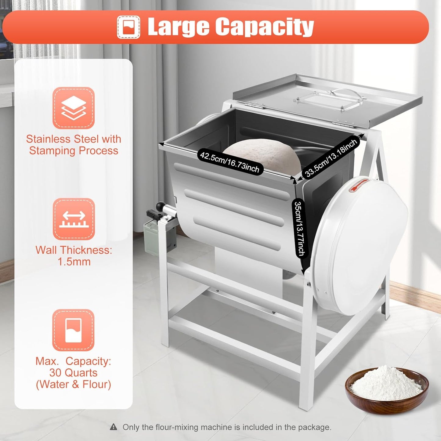 30QT 1500W Electric Dough Maker，Commercial Stand Dough Mixer Bread Maker Machine, Stainless Steel Heavy Duty Food Mixer for Bakery, Sliver