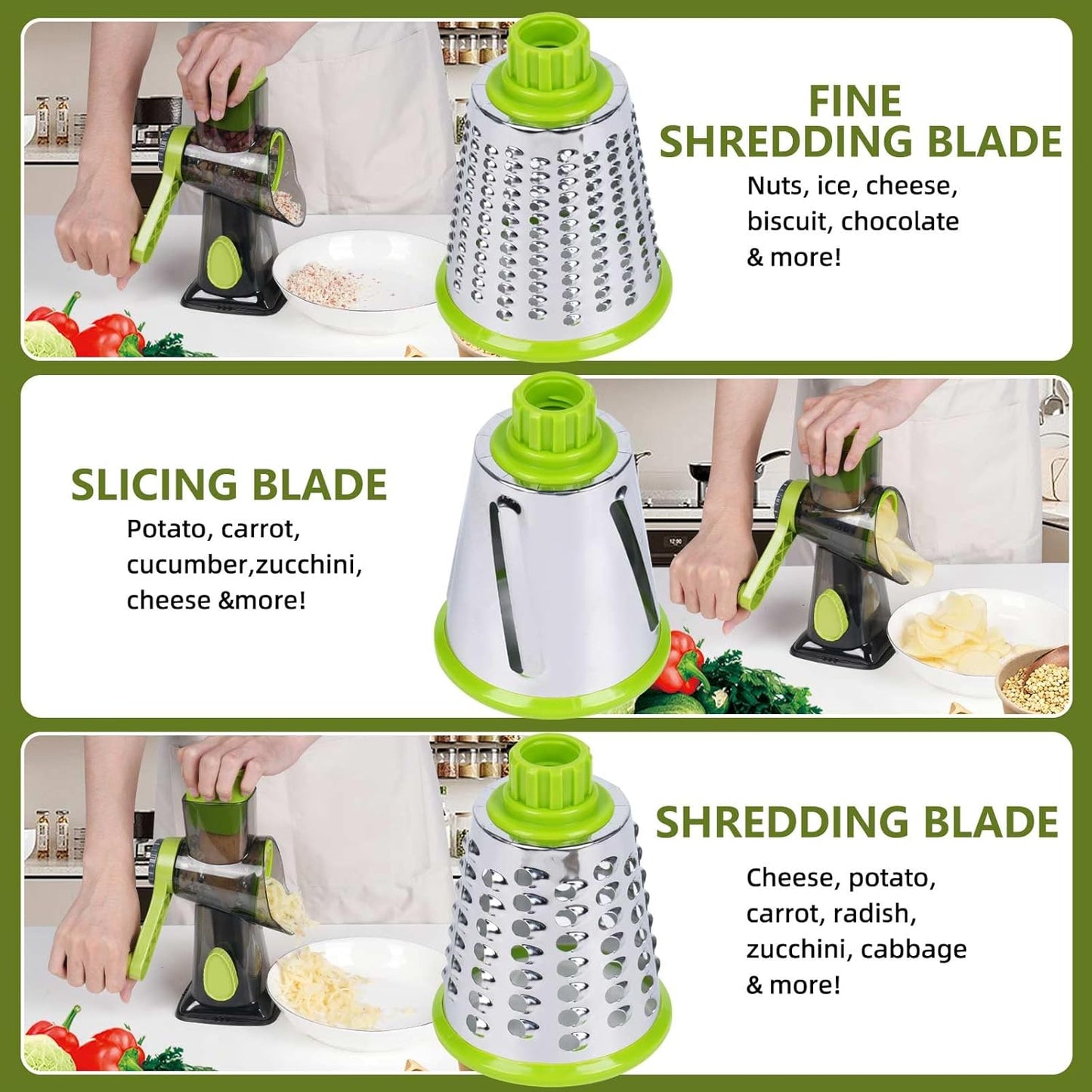 Rotary Cheese Grater with 3 Stainless Steel Blades, Hand Crank Vegetable Slicer, Suction Base, Green