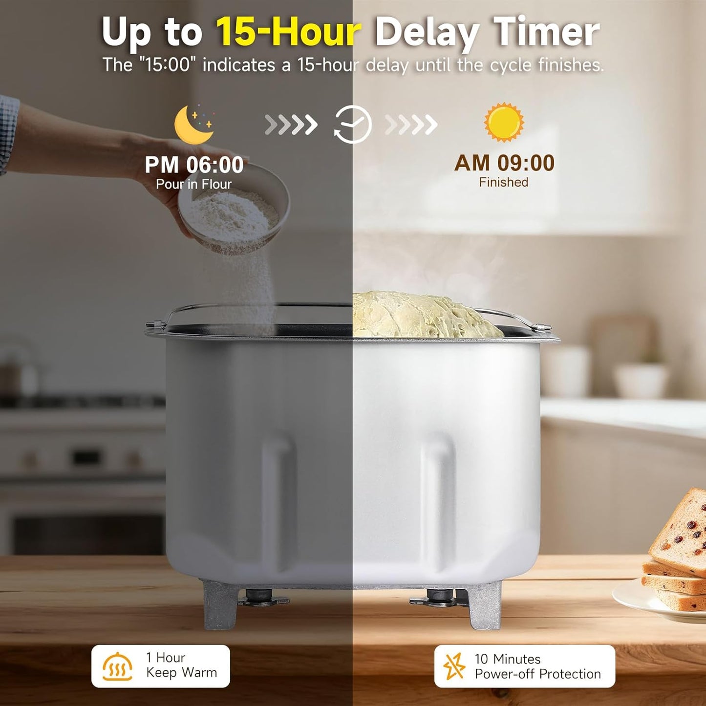 Davivy Bread Maker 1.5kg Dough Maker, 15-in-1 Automatic Bread Maker with Nonstick Bowls, Jam and Yogurt, 3 Bread Sizes and 3 Shell Settings, 15-H Delay Timer (850W, Silver, 1.5 kg)