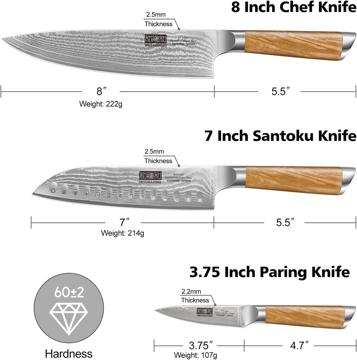 HOSHANHO Damascus Kitchen Knife Set 3-Piece, Ultra Sharp 8" Chef Knife, 7" Santoku Knife, 3.75" Paring Knife, Professional 10Cr15CoMoV Damascus Super Steel Chef Knife Set with Ergonomic Handle