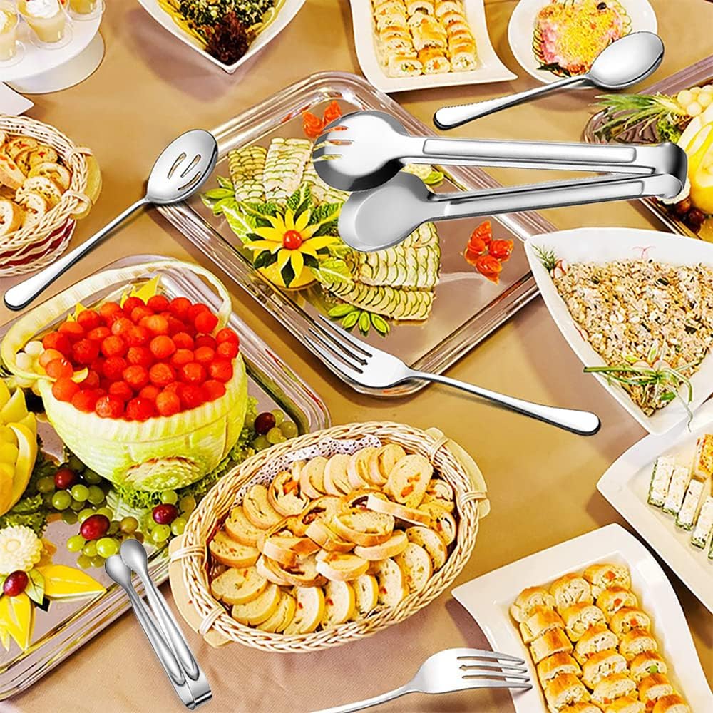 10 PCS Stainless Steel Serving Utensils, Large Serving Spoons Slotted Spoons, Serving Forks, Serving Tongs, Ice Suger Tongs, Metal Utensils Set Great for Buffet Catering Banquet Party (silver)