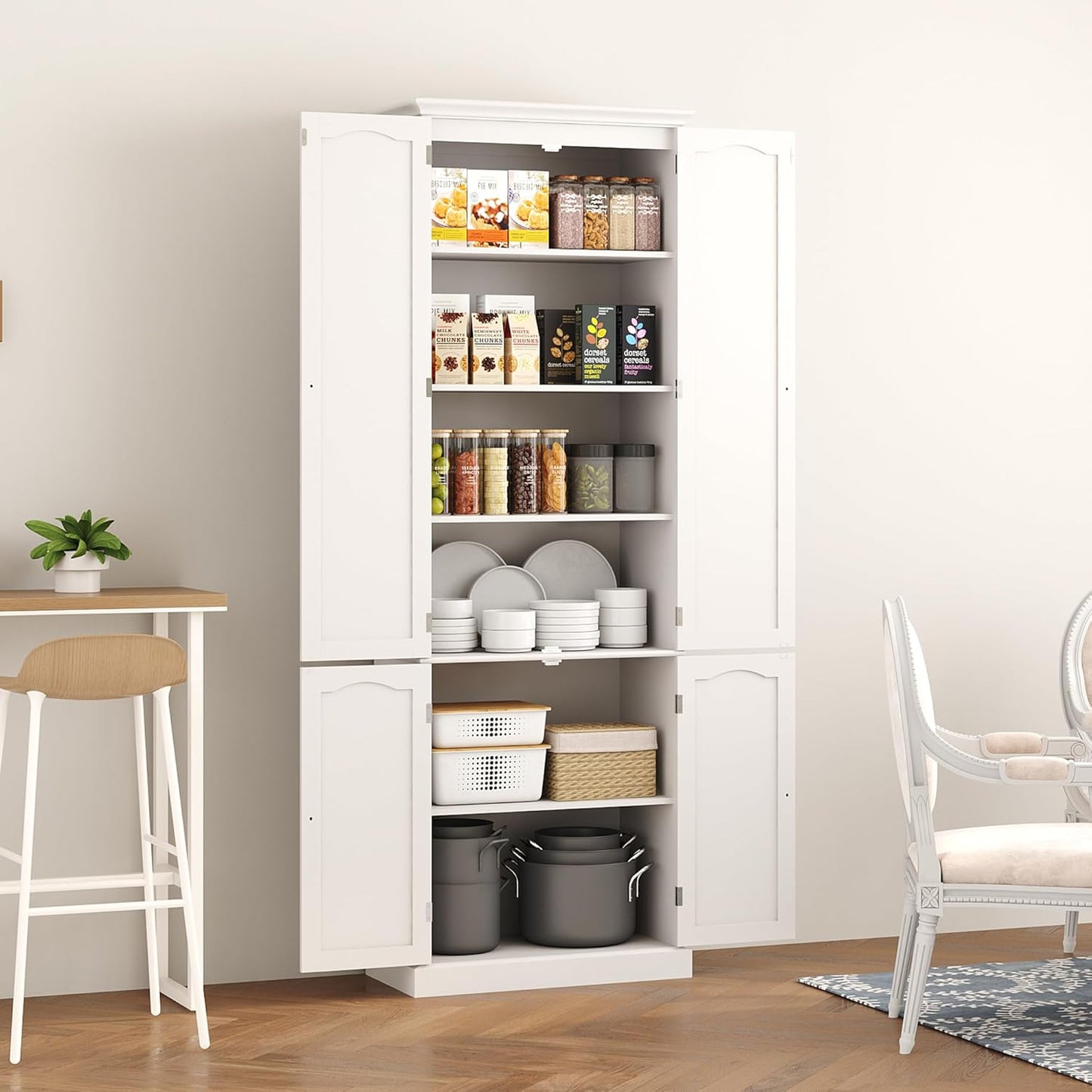 Function Home 72" Kitchen Pantry Cabinet, Tall Wood Storage Cabinet with Doors and Adjustable Shelves, 6-Tier Freestanding Cupboard for Kitchen Dining Room Living Room Bathroom, White