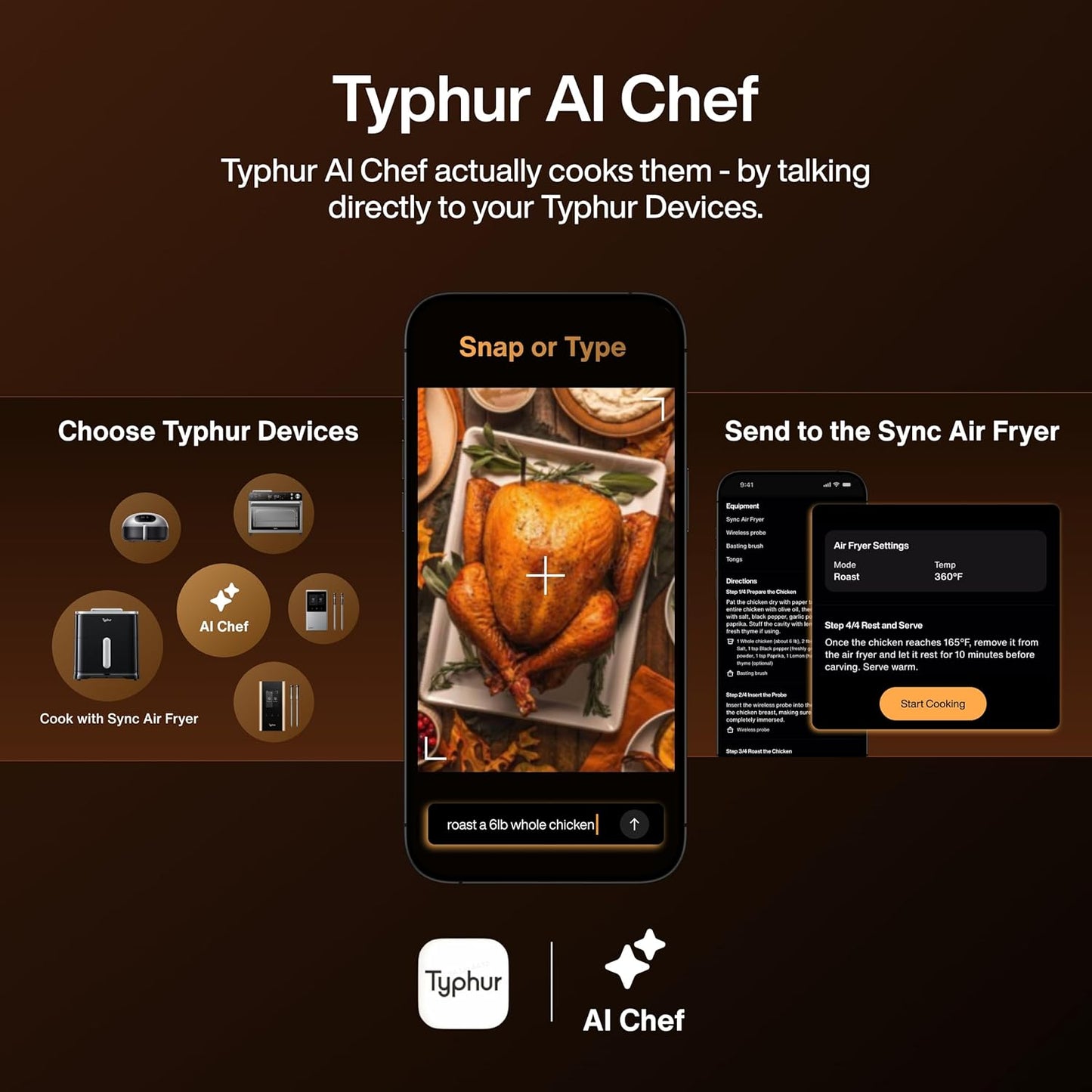 Typhur 8QT Sync Air Fryer with Built-in Wireless Meat Thermometer, 9-in-1 Smart Non Toxic Ceramic Airfryer for Quick Easy Meals, 450°F Max, Cooks 6lb Whole Chicken, Dishwasher Safe, 120V