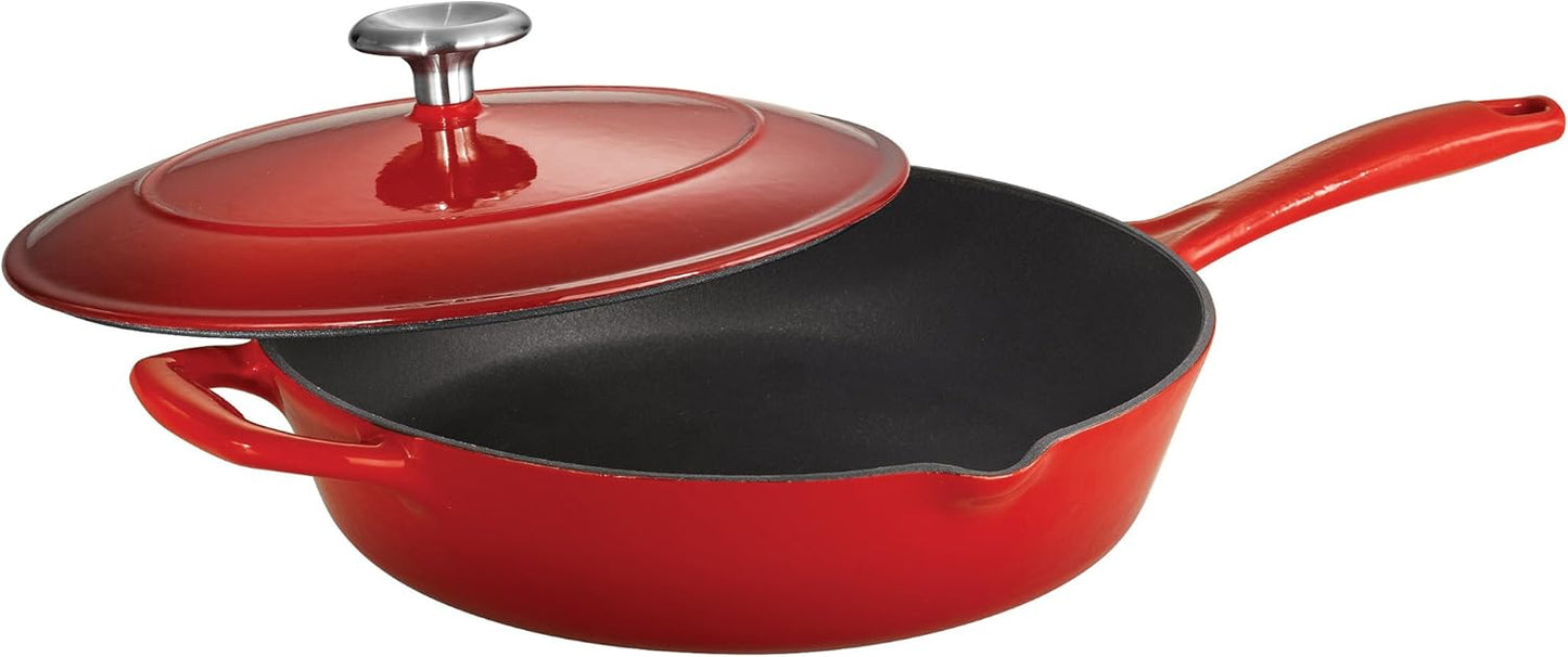 Tramontina Bestow Enameled Cast Iron Skillet with Lid, 10-inch Frying Pan, Red