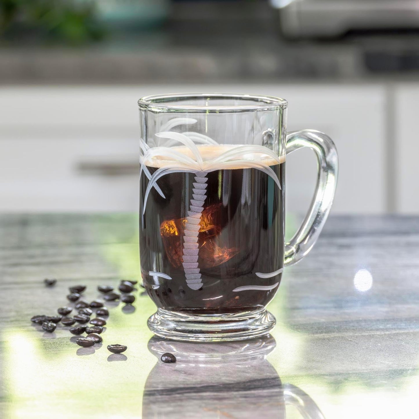 Rolf Glass Palm Tree Bolero Mug | 16oz Coastal Glassware | Set of 4 Tropical Drink Glasses | Engraved and Lead-Free Crystal Glass | Designed and Engraved in the USA