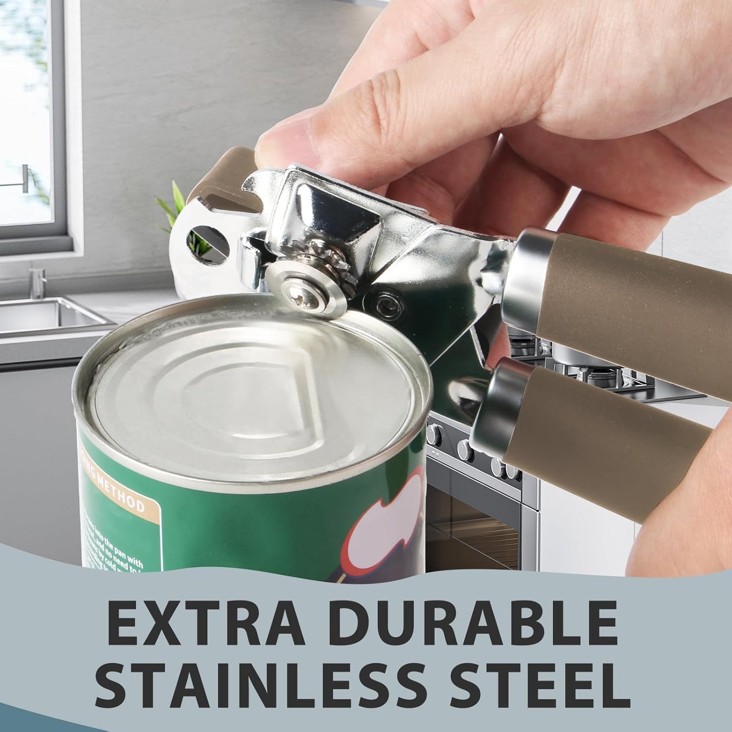 Can Opener Manual, Heavy Duty Handheld Strong Can Opener with Soft Touch Handle, Sharp Blade Smooth Edge, Can Openers with Multifunctional Bottle Opener, Coffee