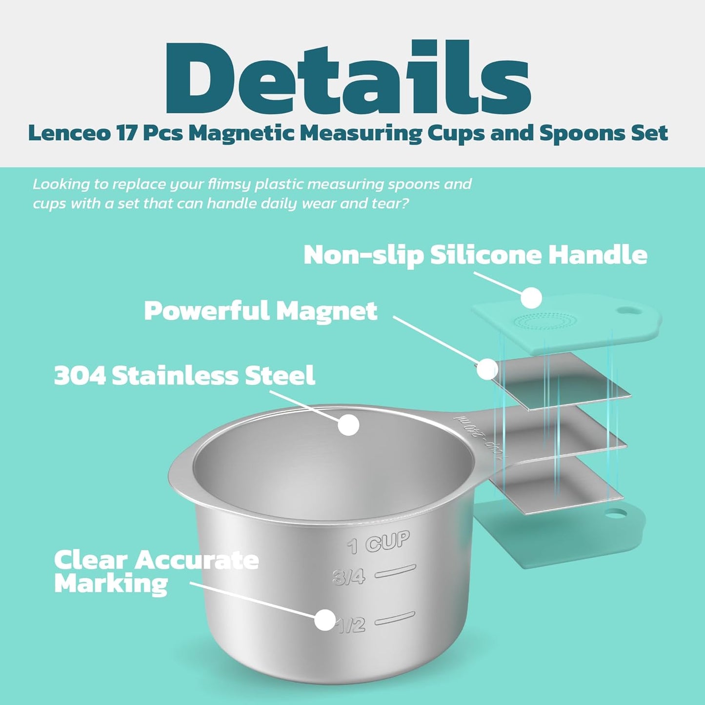 Magnetic Measuring Cups and Spoons Set of 17 - Stackable Stainless Steel Magnetic Measuring Spoons Set with Leveler - Dual Marking Scale Measuring Cup for Dry and Liquid Ingredients, Baking & Cooking