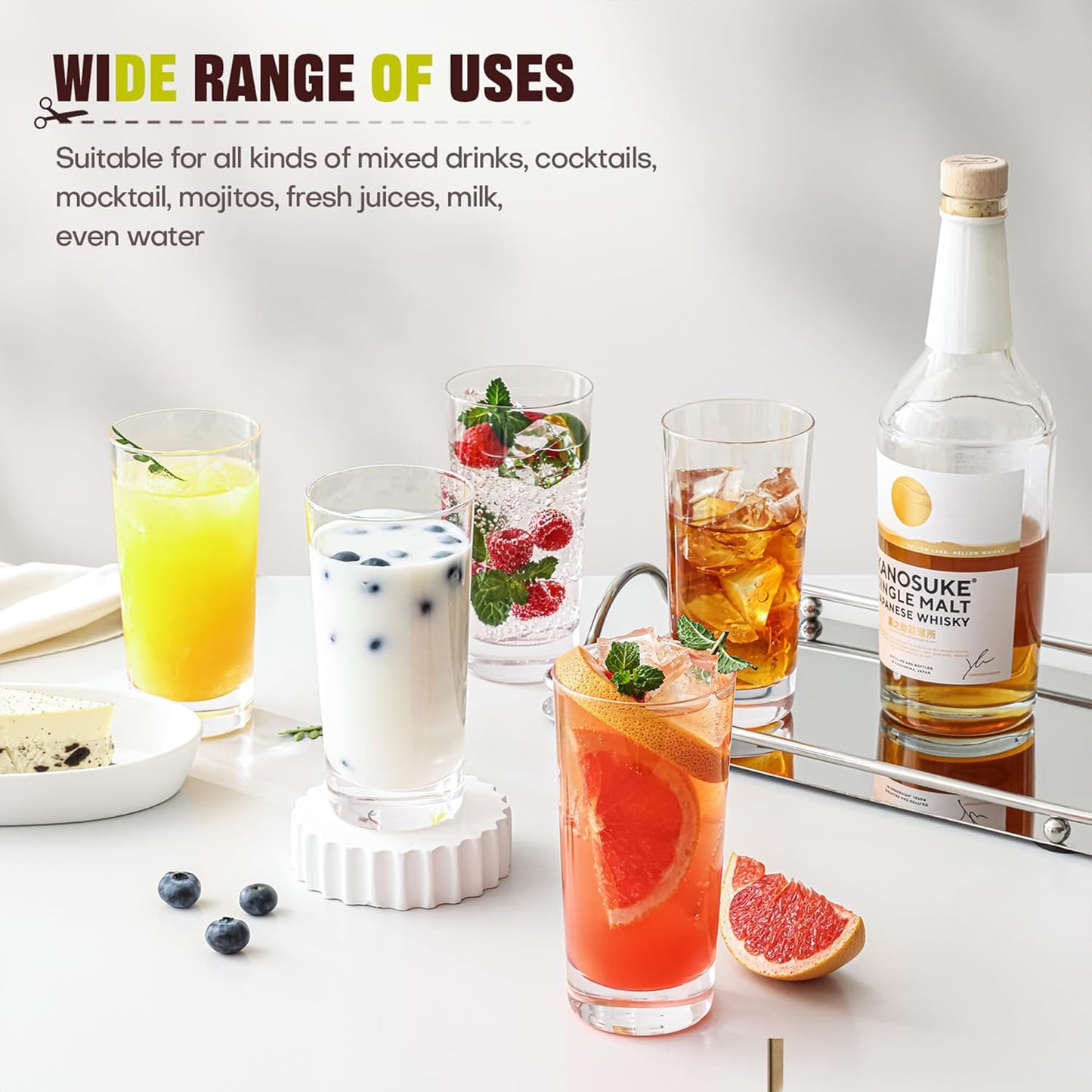 Highball Glasses Set of 6, 13oz Tall Drinking Glasses, Water Glass for Kitchen, Tom Collins Glasses, Mojito Glass Cups, Cocktail Glasses for Bar Glassware