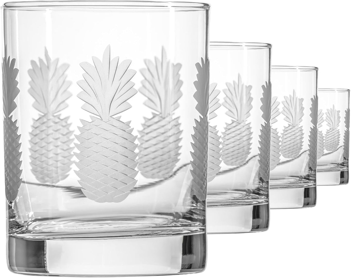 Rolf Glass Fresh Pineapple Double Old Fashioned Glass | 13oz Etched Whiskey Tumblers | Lead-Free and Diamond-Wheel Engraved | Made in the US | Tropical Etched Pineapple Design | Set of 4