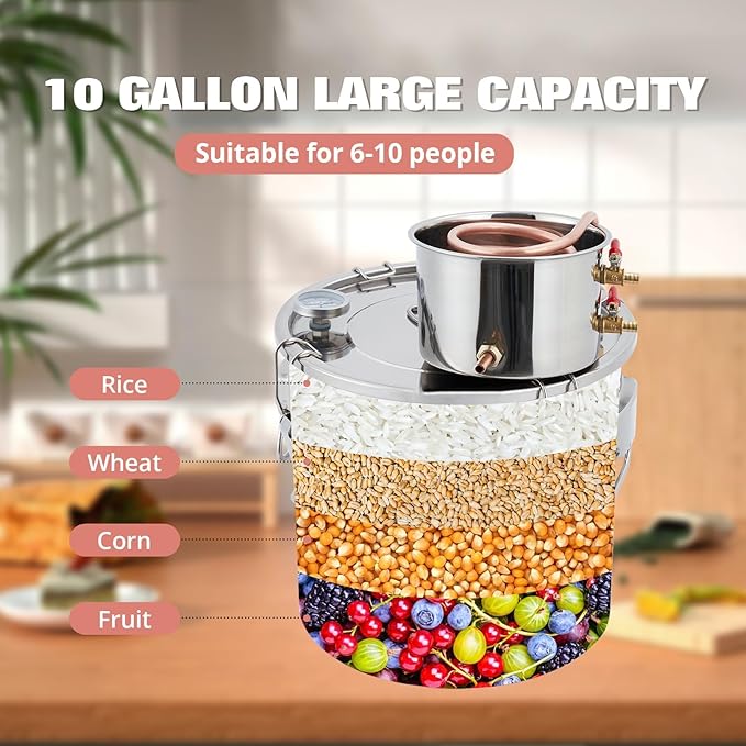 Alcohol Still 10 Gal/38L, Alcohol Water Distiller Thickened Stainless Steel Spirits Kit w/Copper Tube & Display Thermometer, Home Brew Wine Making Kit for Diy Whiskey, Wine, Brandy, Essential Oil