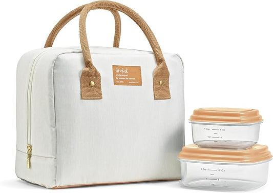 Fit & Fresh Lunch Bag For Women, Insulated Womens Lunch Bag For Work, Leakproof & Stain-Resistant Large Lunch Box For Women With Containers, Zipper Closure Bloomington Bag, Ivory Woven
