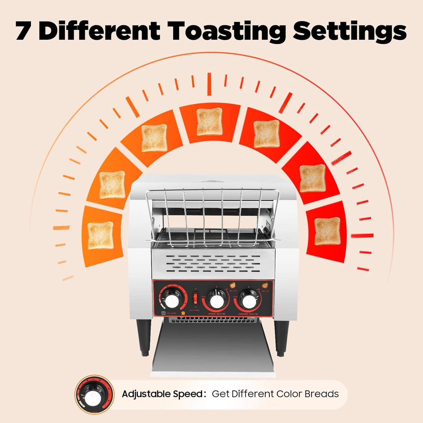 Commercial Conveyor Toaster 300 Slices/Hour 2200W Heavy Duty Stainless Steel Industrial Conveyor Toaster Electric Oven with Dual Heating & 7-Speed Adjustment