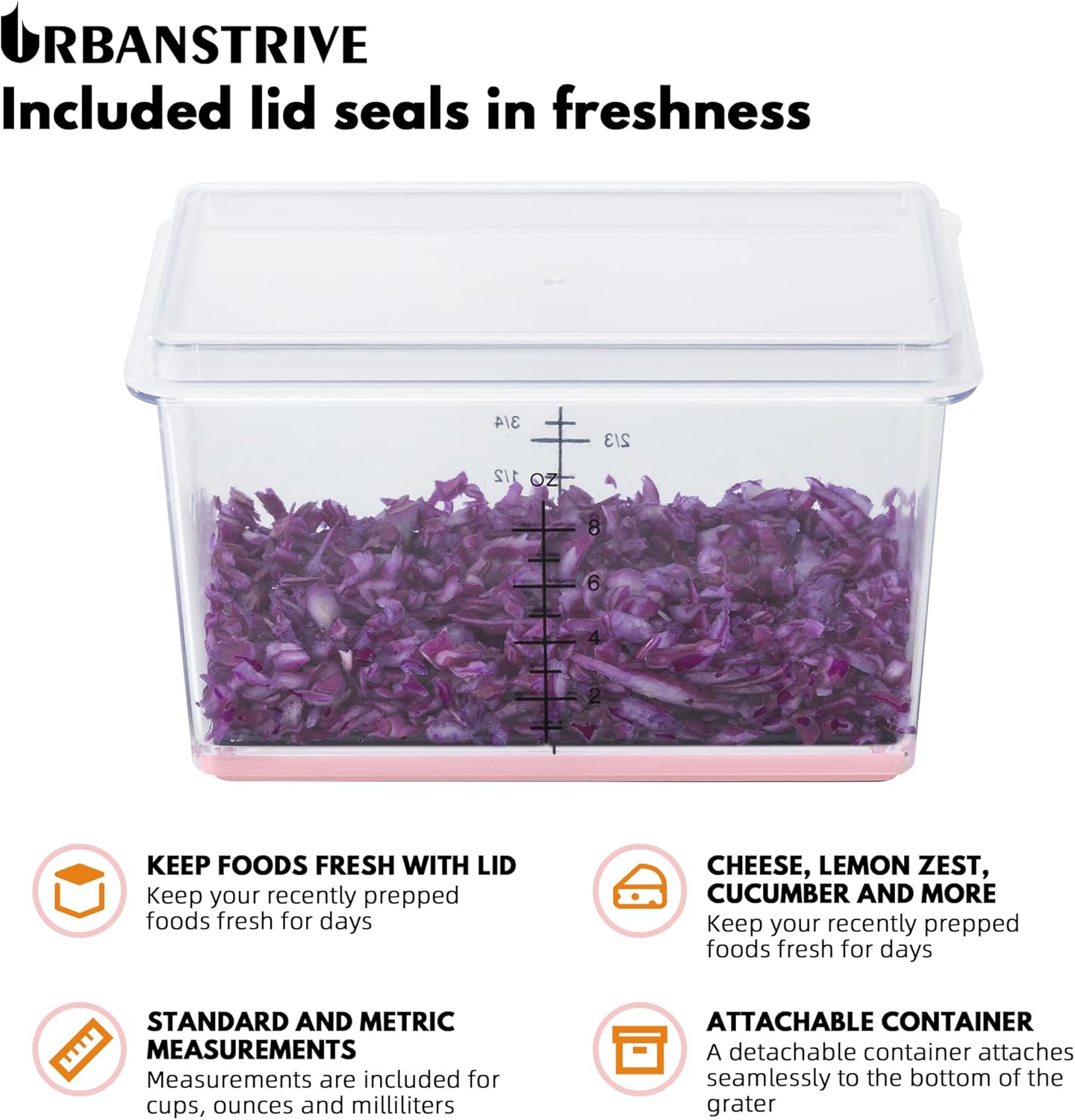 Urbanstrive Cheese Grater With Container, Professional Cheese Grater with Handle, Stainless Steel Graters for Kitchen Handheld, Box Grater with 4 Sides for Vegetables, Ginger, Potatoes (Pink)