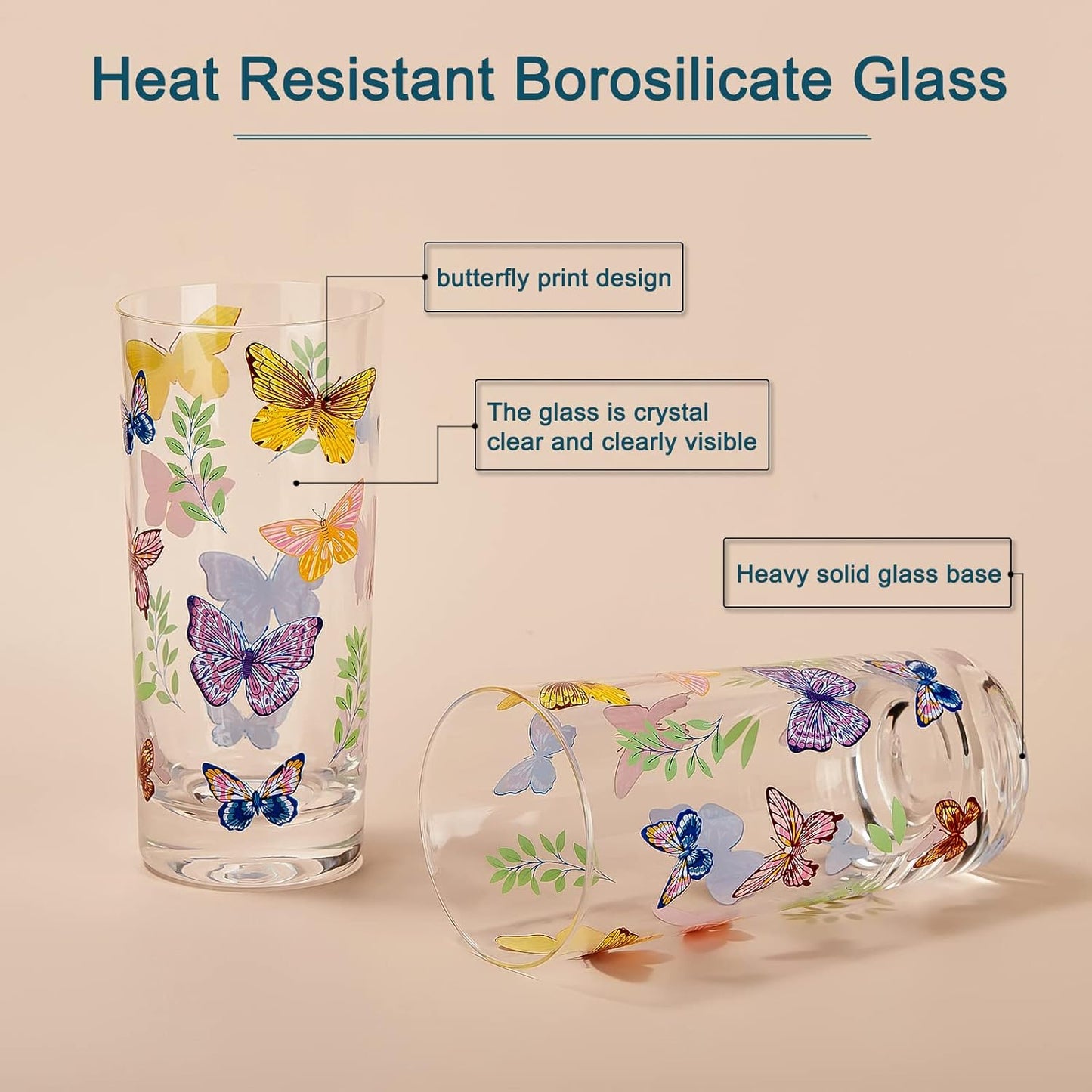 Drinking Glasses Set Of 6,Highball Glasses 16OZ,Clear Water Glasses with Heavy Weighted Base,Made From Premium Borosilicate Glass,Glass Cups for all beverage,Ice Tea&Coffee…