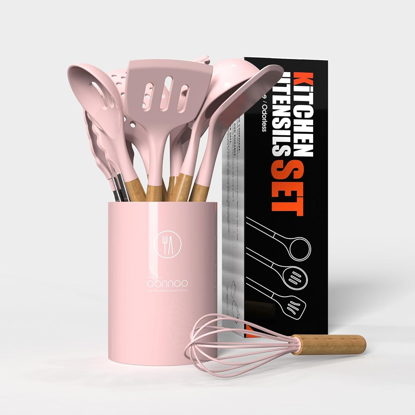 Silicone Kitchen Utensils Set - 446°F Heat Resistant Cooking Utensil Sets, Spatula,Turner,Tongs,Spoon,Brush,Whisk, Wooden Handle Silicone Kitchen Gadgets Tools for Non-Stick Cookware BPA Free (Pink)
