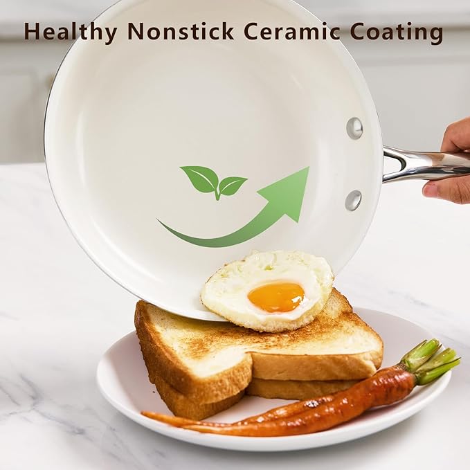 9.5" Ceramic Frying Pan Nonstick, Skillet, Cooking Pan Non Toxic with Stay Cool Handle for Induction, Chef's Pan, PTFE & PFAS & PFOA Free, Dishwasher/Oven Safe, White