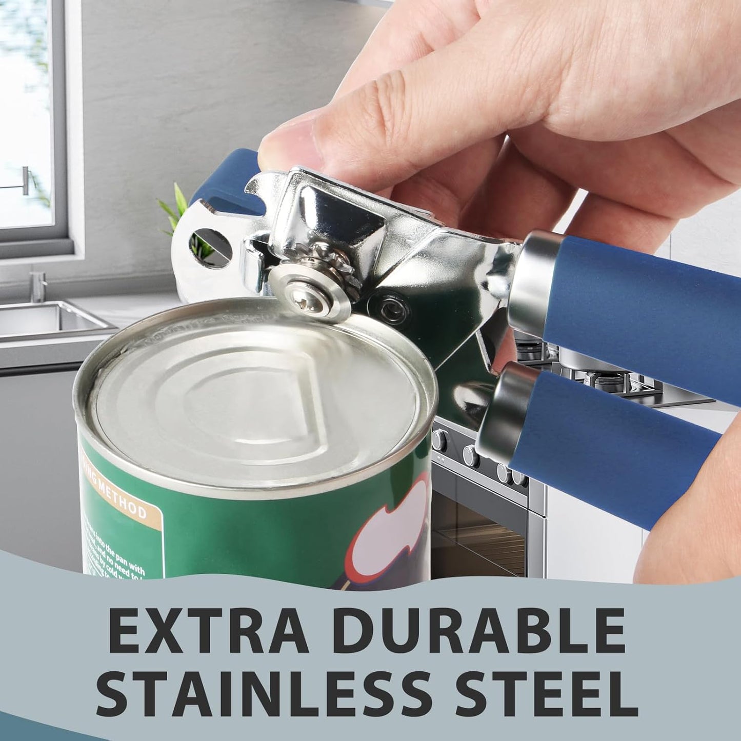 Can Opener Manual, Heavy Duty Handheld Strong Can Opener with Soft Touch Handle, Sharp Blade Smooth Edge, Can Openers with Multifunctional Bottle Opener, Blue