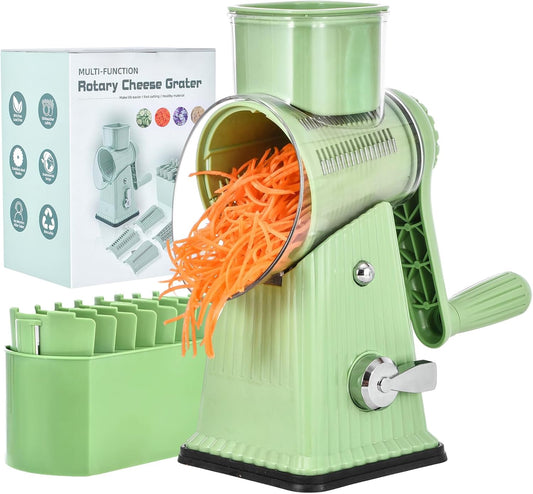 Xilrvna RotaryCheeseGrater,VegetableShredder 5 in 1 Cheese GraterwithHandleedderReinforcedSuction,EasytoClean,KitchenChopperforCrushedIce,Fruits and Nuts with Blade StorageCase（light green）