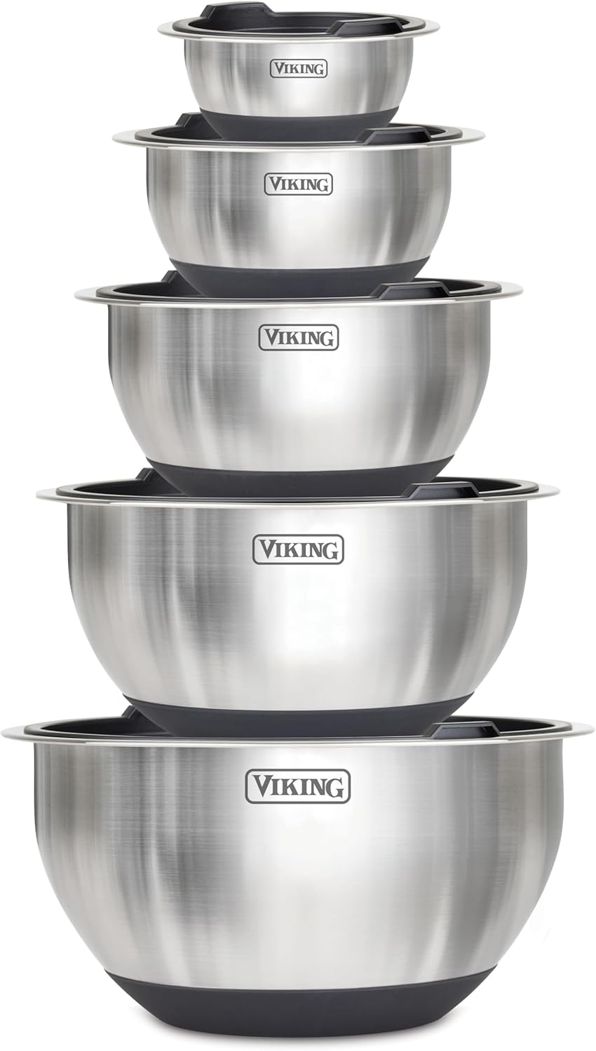VIKING Mixing Bowls Set, 10 Piece Stainless Steel Kitchen Cookware, Non-Slip Silicone Base, Includes Tight Fit Lids, Dishwasher Safe, Black