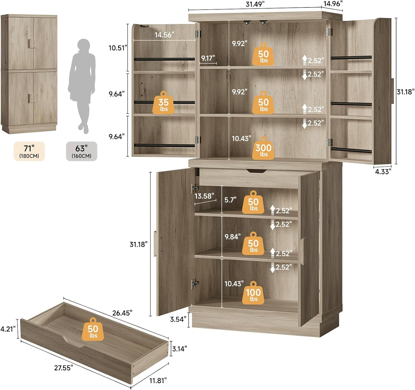 ONBRILL 71" Tall Kitchen Pantry Cabinet, Pantry Storage Cabinet with 6 Door Shelves, Hidden Drawer and Adjustable Shelf, Freestanding Rustic Wood Pantry for Kitchen, Dining Room (Grey Oak)