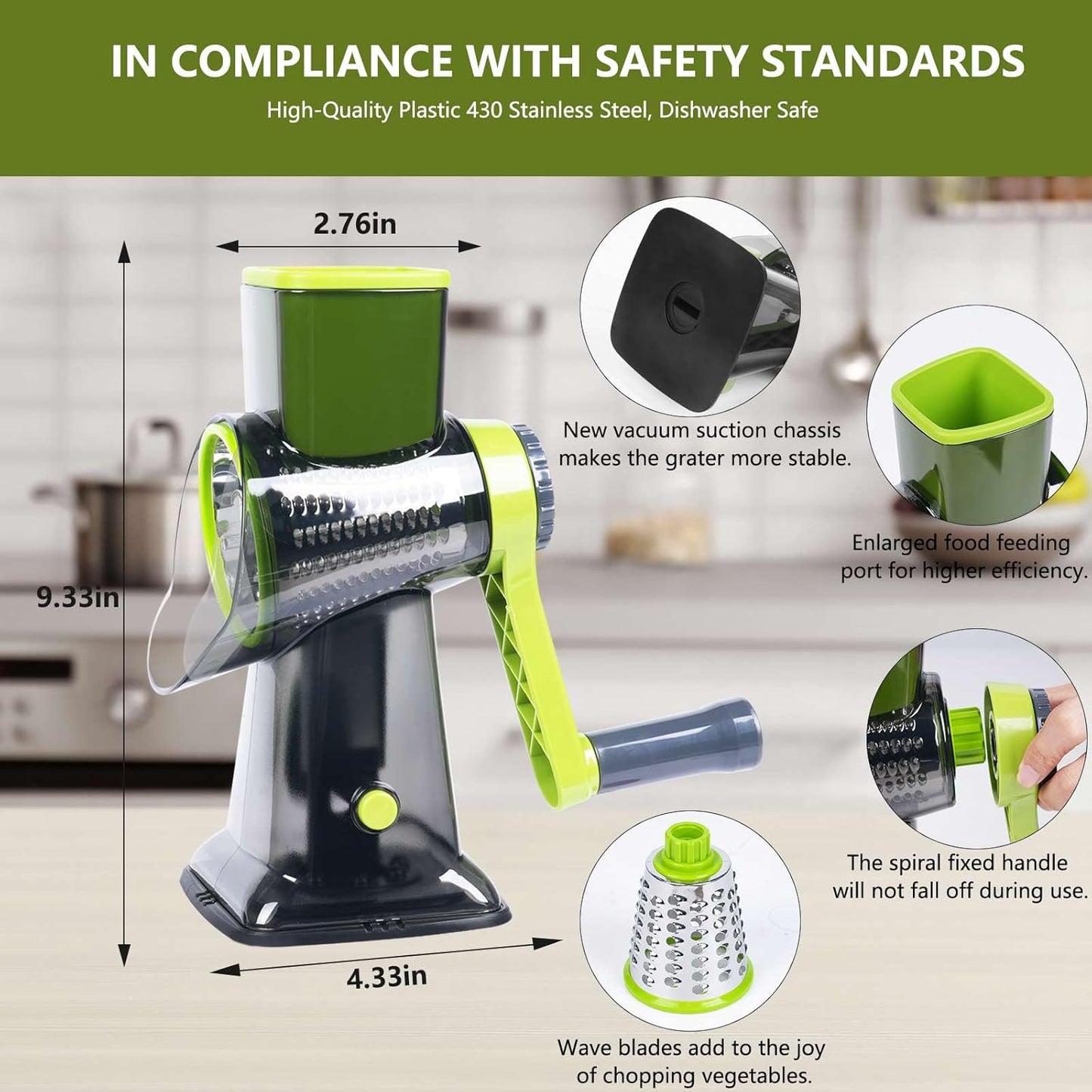 Rotary Cheese Grater with 3 Stainless Steel Blades, Hand Crank Vegetable Slicer, Suction Base, Green