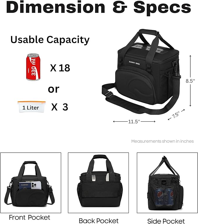 SUNNY BIRD 12L Large Insulated Lunch Bag, Leakproof and Foldable Lunch Cooler Box for Women Adult and Men, Fits 18 Cans (Black 01)