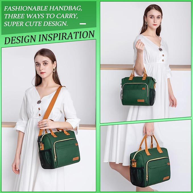 TuErCao Insulated Lunch Bag Adult Lunch Box for Women for Work Leakproof Soft Cooler for Beach Travel Picnic, Dark Green