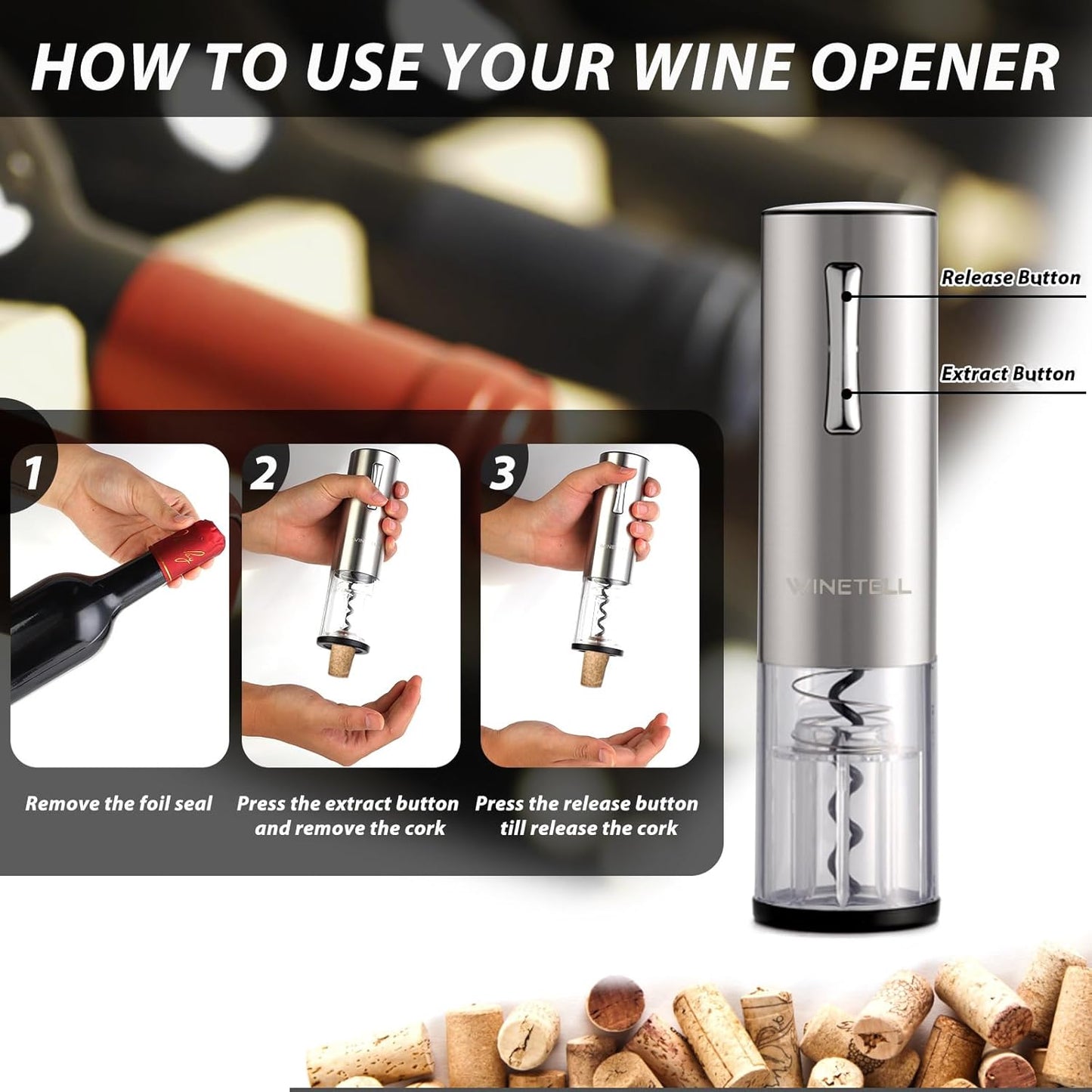 Electric Wine Opener, Rechargeable Wine Bottle Opener with One-Click Button, Reusable Automatic Corkscrew Remover - Great Present for Wine Lovers, Wine Gift
