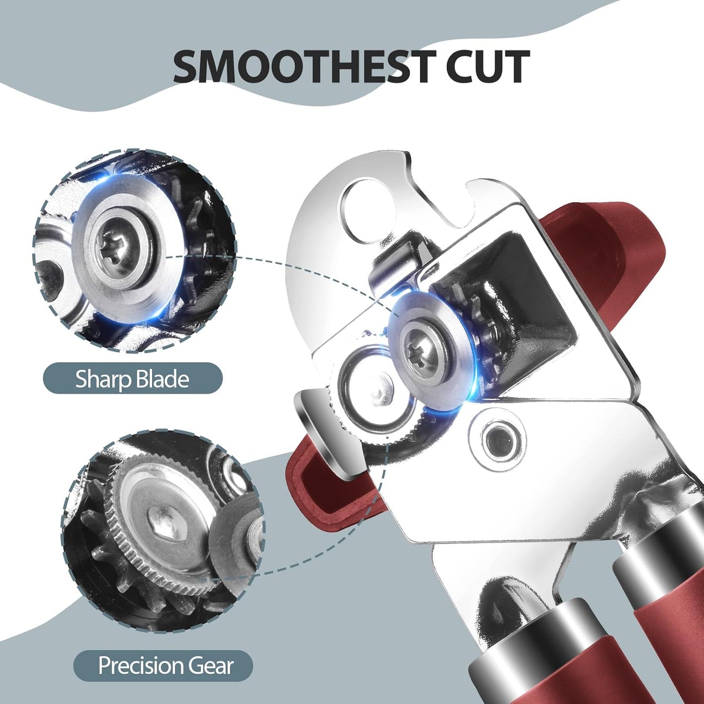 Can Opener Manual, Heavy Duty Handheld Strong Can Opener with Soft Touch Handle, Sharp Blade Smooth Edge, Can Openers with Multifunctional Bottle Opener, Red