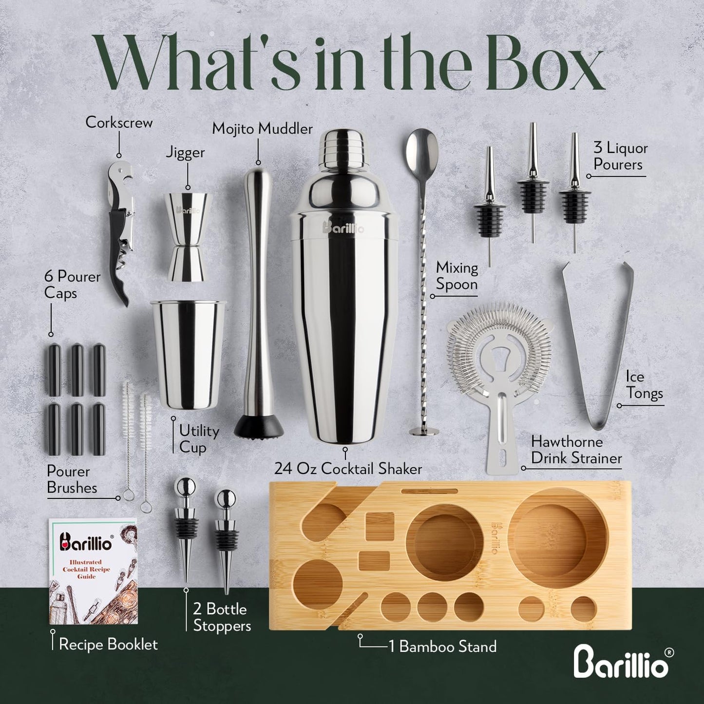 Barillio Bartender Kit - Stainless-Steel Cocktail Shaker Set w/Bamboo Stand - Mixology Bar Tools w/Drink Shaker, Mixer Spoon & Muddler for Cocktails - Home Bar Accessories - 23-Pc Bar Set - Silver