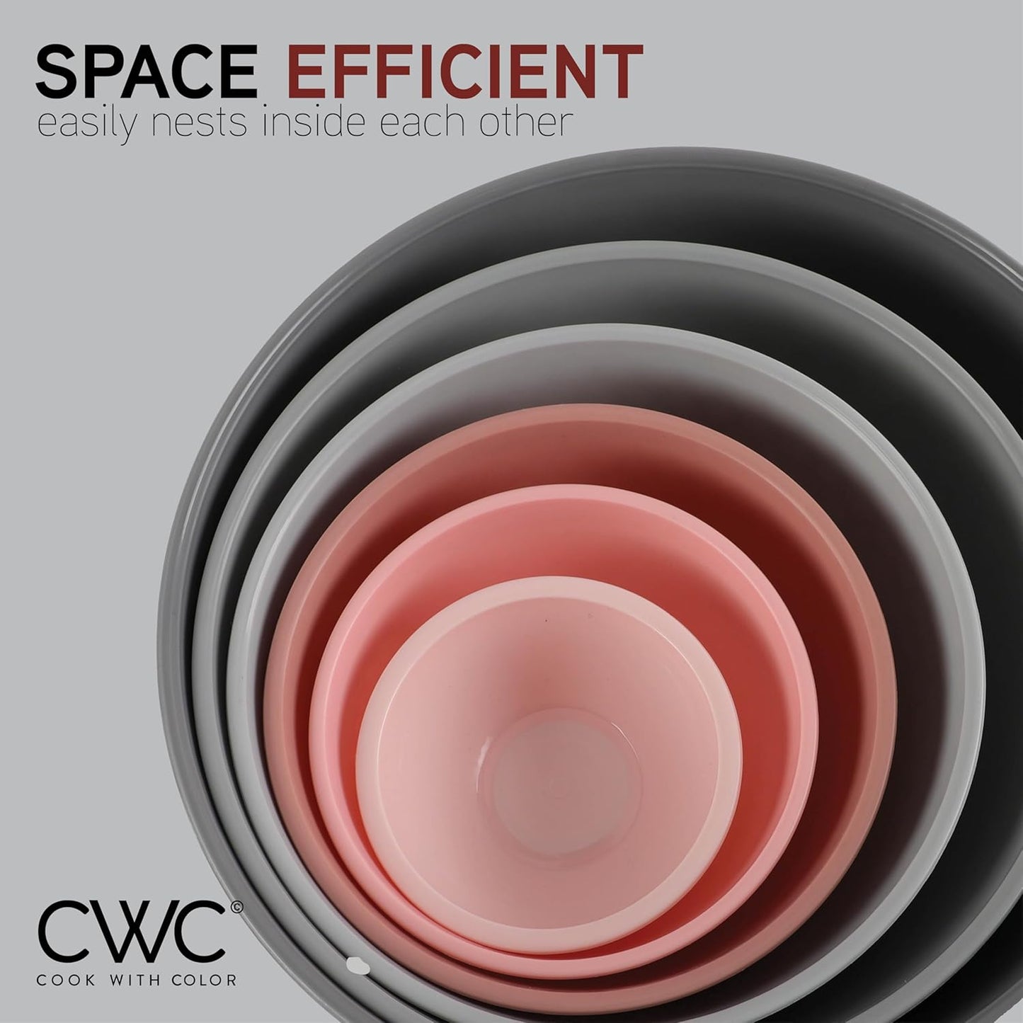 COOK WITH COLOR Mixing Bowls with Lids - 12 Piece Plastic Nesting Bowls Set includes 6 Prep Bowls and 6 Lids, Non Slip Bottom and Embossed Design - Microwave Safe (Pink)