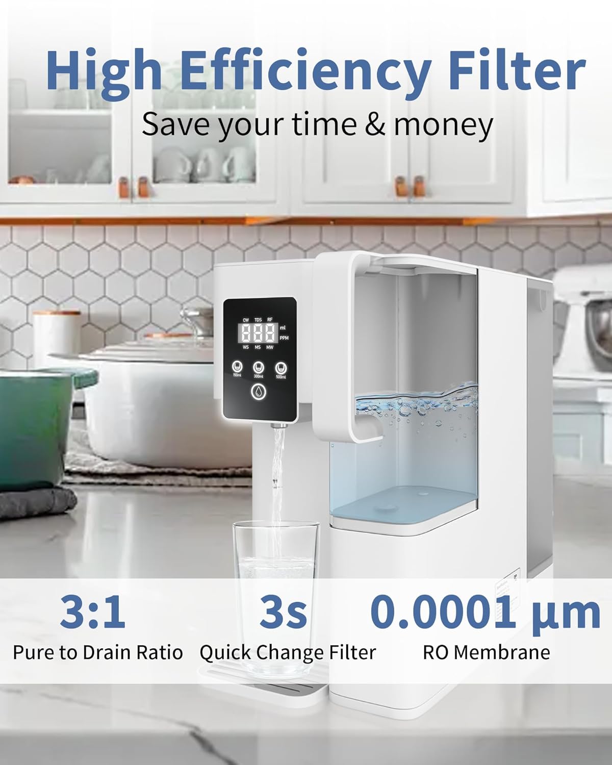 Reverse Osmosis System Countertop, Portable 5 in 1 RO Water Filtration System, 3:1 Pure to Drain Ratio Purifier, TDS & Filter Monitor, Water Filter for Home, Office, RV White