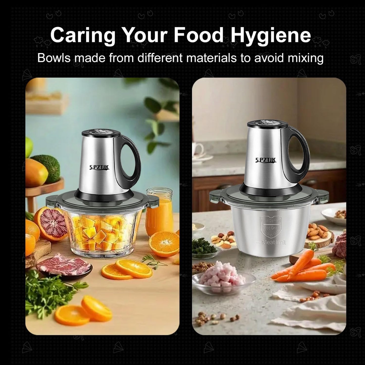 3-Speed Electric Food Processor: Meat Grinder, Vegetable Chopper & Baby Food Maker - 300W, 2 Bowls (8 Cup Stainless Steel+8 Cup Glass), Quiet Operation