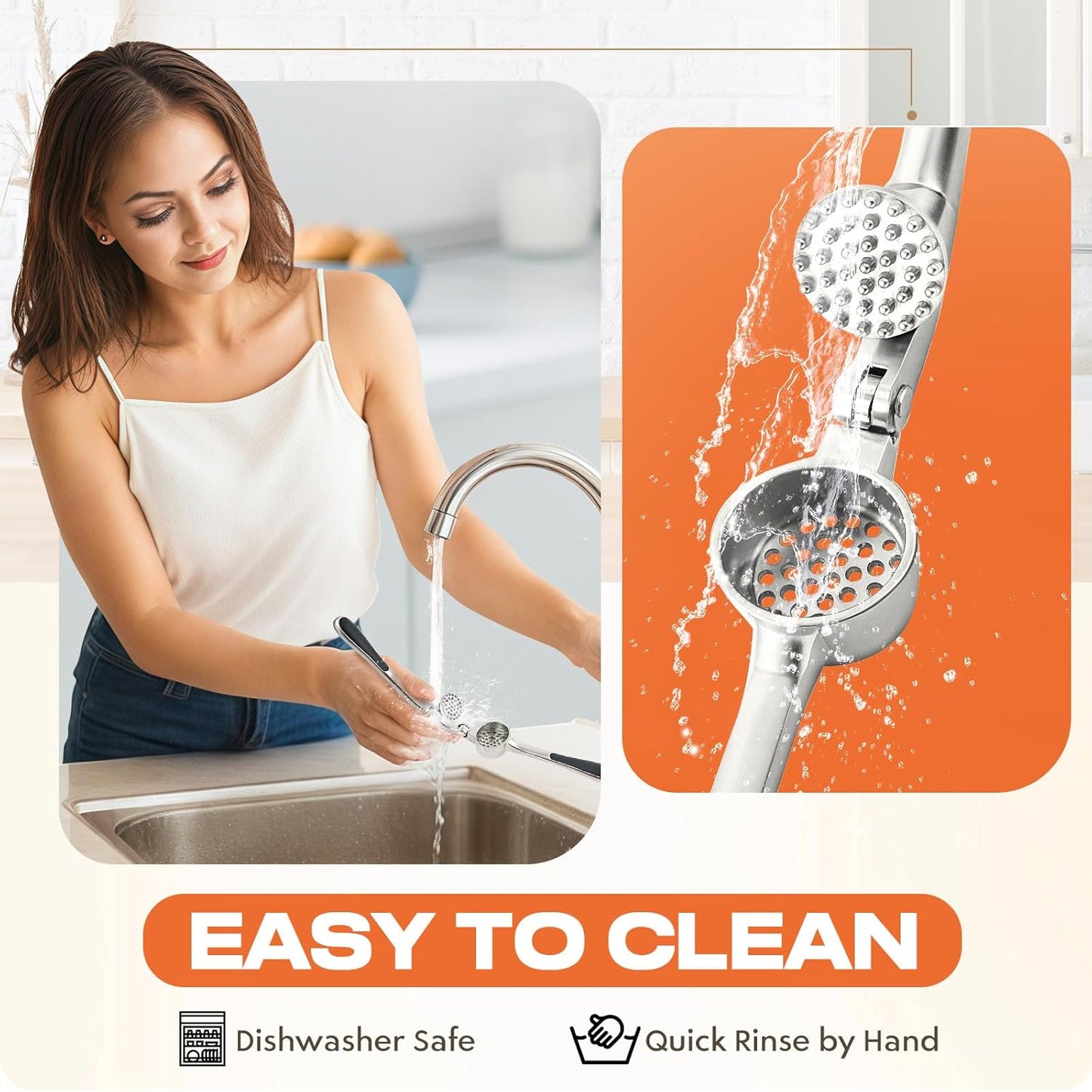 Kitchen Garlic Press, Rust Proof & Dishwasher Safe Garlic Mincer, Durable Garlic Crusher Set with Peeler＆Brush, Easy to Clean and Squeeze, Matte