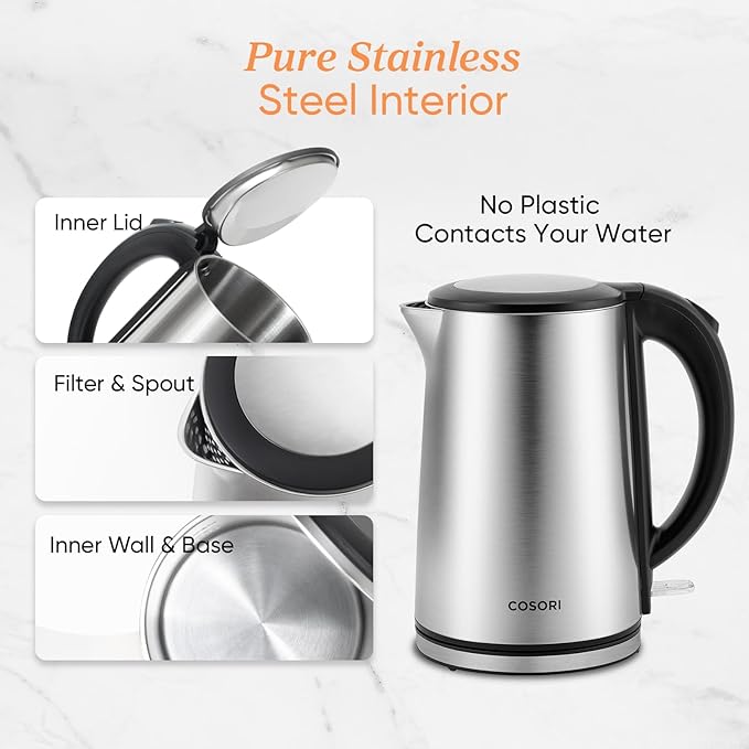COSORI Electric Kettle, No Plastic Inner Lid, Filter and Spout, Double Wall Stainless Steel Keep Warm, Automatic Shut Off & Boil-Dry Protection, Durable Tea Kettle Boiler & Heater, 1.5L/1500W, Silver