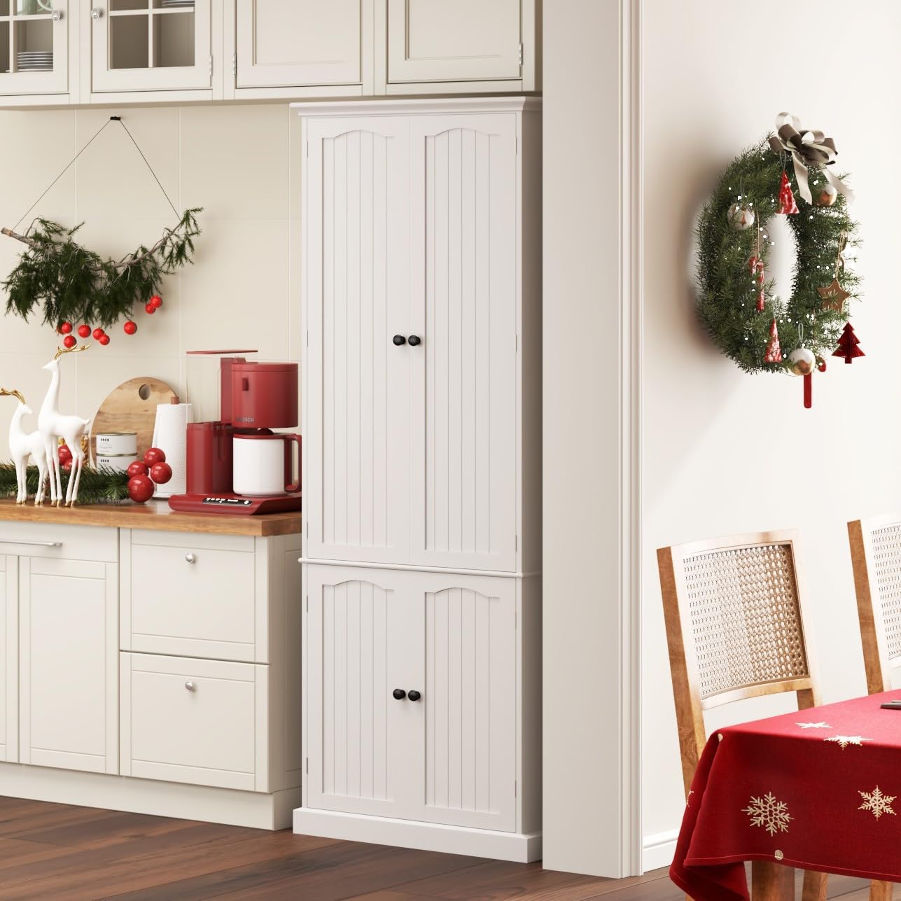 Function Home 72" Kitchen Pantry Cabinet, Tall Wood Storage Cabinet with Doors and Adjustable Shelves, 6-Tier Freestanding Cupboard for Kitchen Dining Room Living Room Bathroom, White