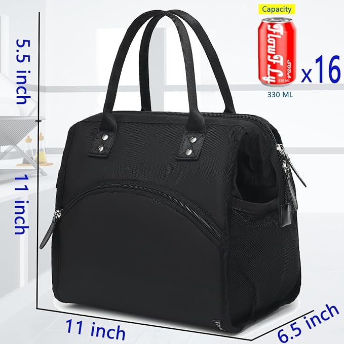 FlowFly Insulated Lunch Bag for Women, Men, Large and Reusable, Handle, Work and Travel Tote and Meal Prep Organizer, Black