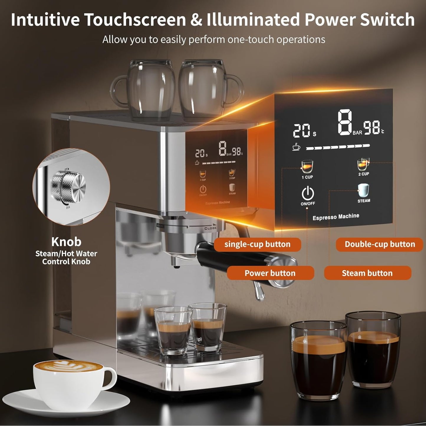 Kismile Espresso Machine, 20 Bar Compact Stainless Coffee Maker with 48oz Detachable Water Tank & Capsule Funnel, LED Display, Steam Milk Frother, Pre-Infusion for Mocha, Latte at Home or Office