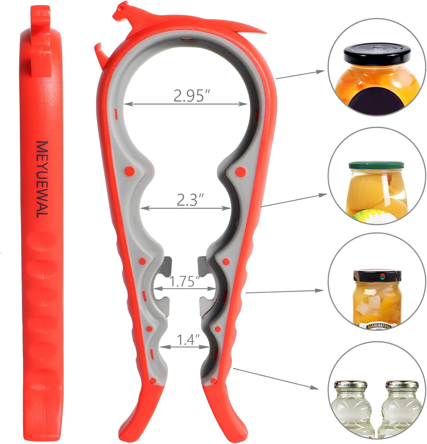 6 in 1 Lid Opener - Bottle, Jar, & Can Opener for Seniors with Arthritis or Weak Hands - Heavy Duty & Smooth Edge, Red