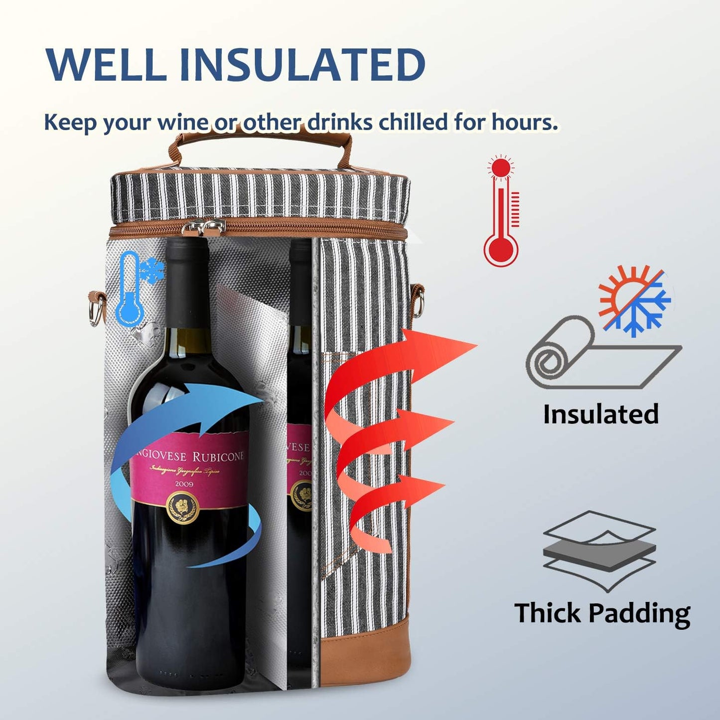 Tirrinia 2 Bottle Wine Gift Tote Carrier - Leakproof & Insulated Padded Versatile Wine Cooler Bag for Travel, BYOB Restaurant, Wine Tasting, Party, Dinner,Gift for Wine Lovers, Black Stripe