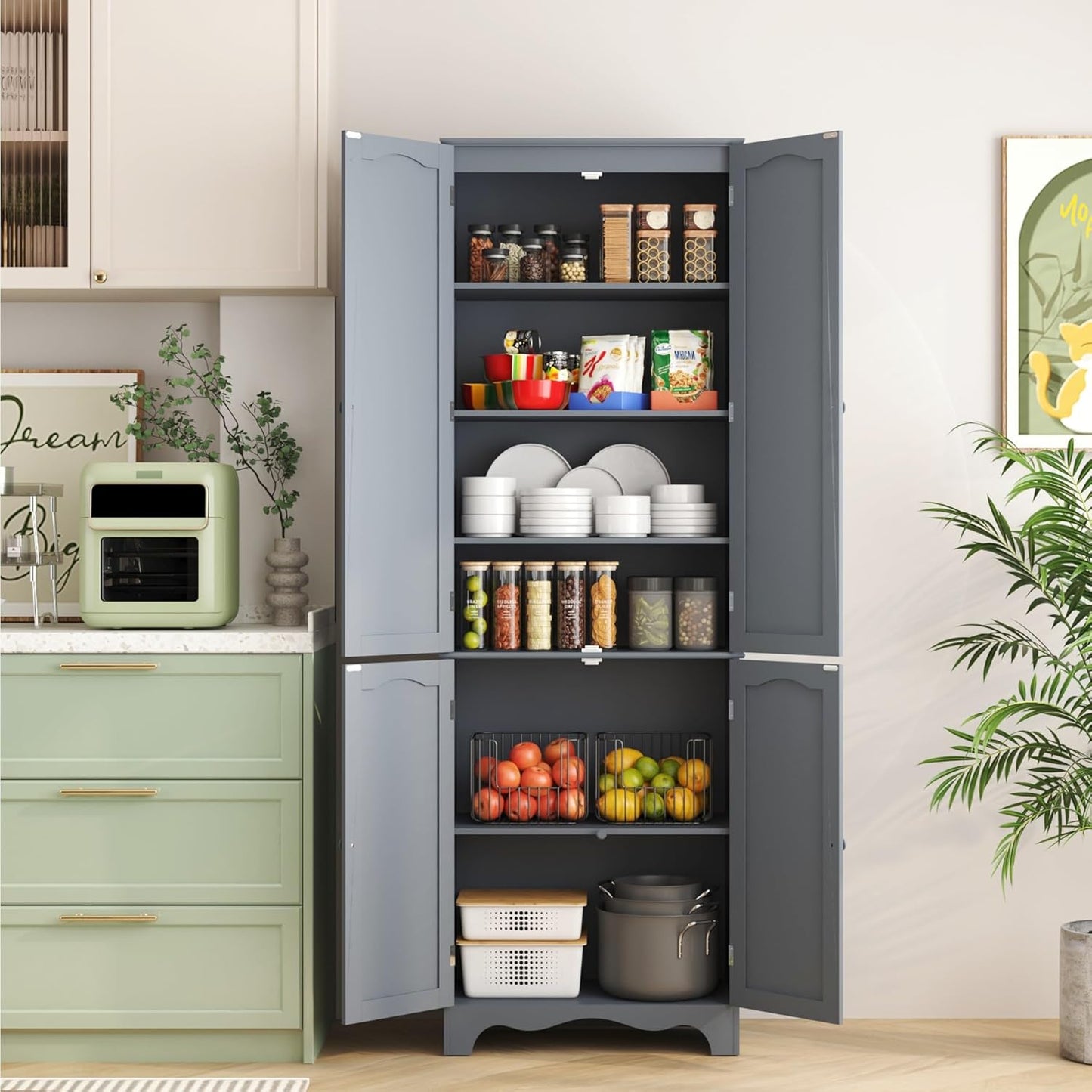 Function Home Tall Pantry Cabinet, Freestanding Storage Cabinet, Wooden Kitchen Pantry with 4 Doors and 5 Shelves, 72" Floor Cabinet Organizer for Kitchen Living Room Bathroom, Grey