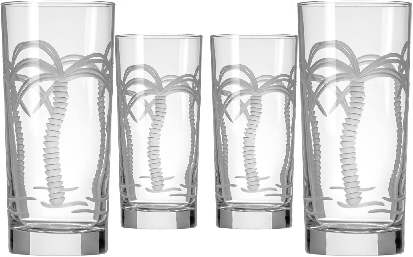 Rolf Glass Palm Tree Highball Glass 15 ounce | Set of 4 | Lead-Free Crystal Glass | Etched Drinking Cooler with Heavy Base | Made in the USA