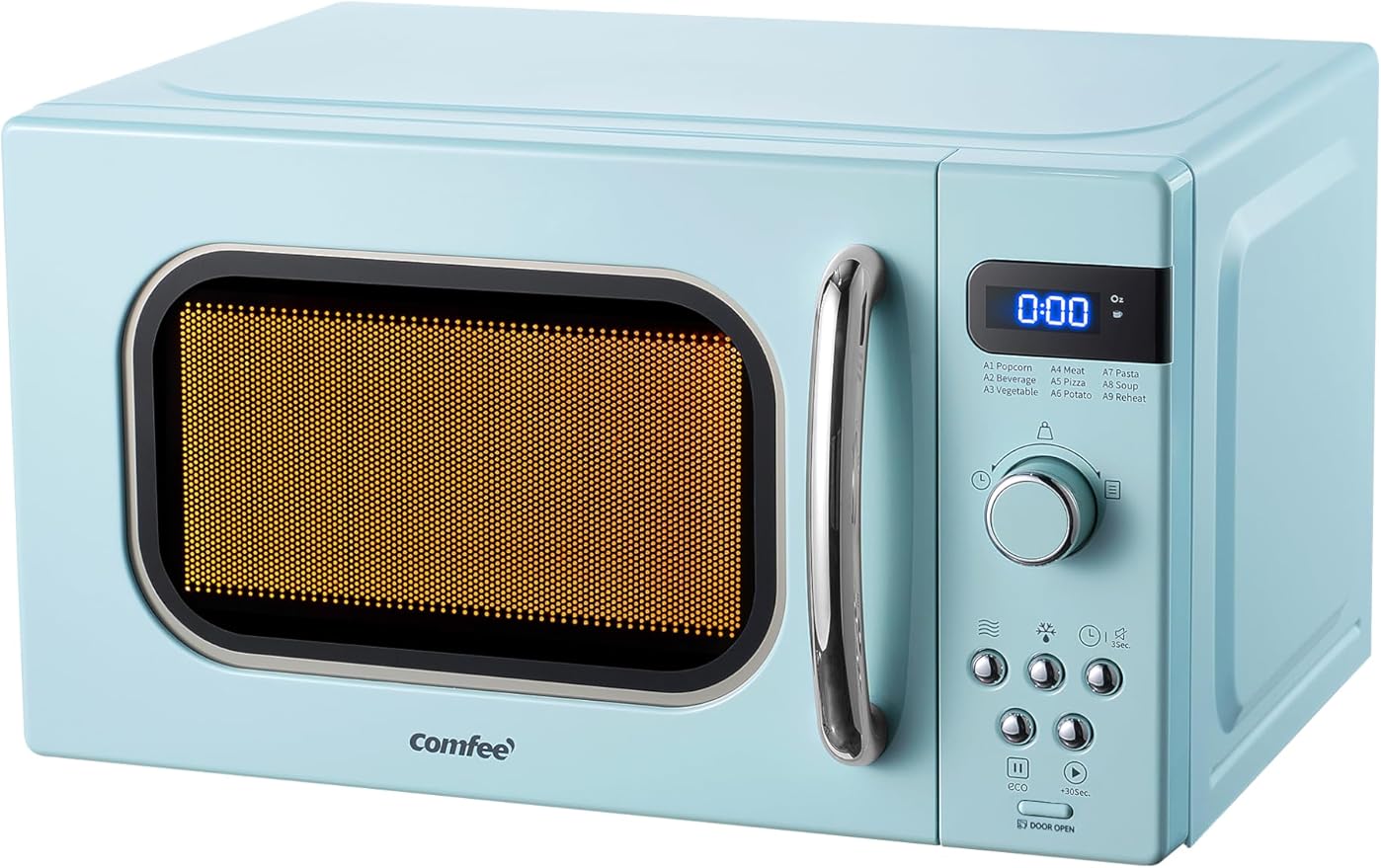 COMFEE' Retro Small Microwave Oven With Compact Size, 9 Preset Menus, Position-Memory Turntable, Mute Function, Countertop Microwave For Small Spaces, 0.7 Cu Ft/700W, Green, AM720C2RA-G