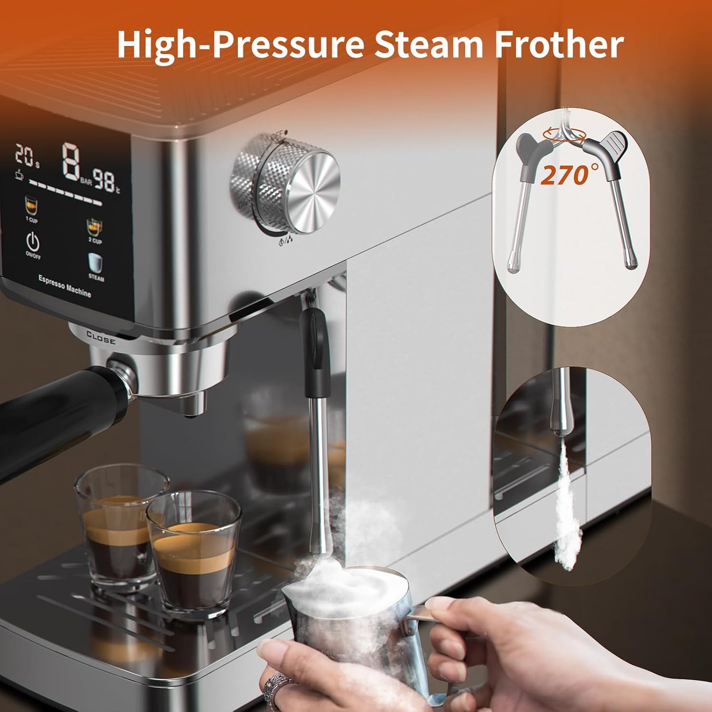 Kismile Espresso Machine, 20 Bar Compact Stainless Coffee Maker with 48oz Detachable Water Tank & Capsule Funnel, LED Display, Steam Milk Frother, Pre-Infusion for Mocha, Latte at Home or Office