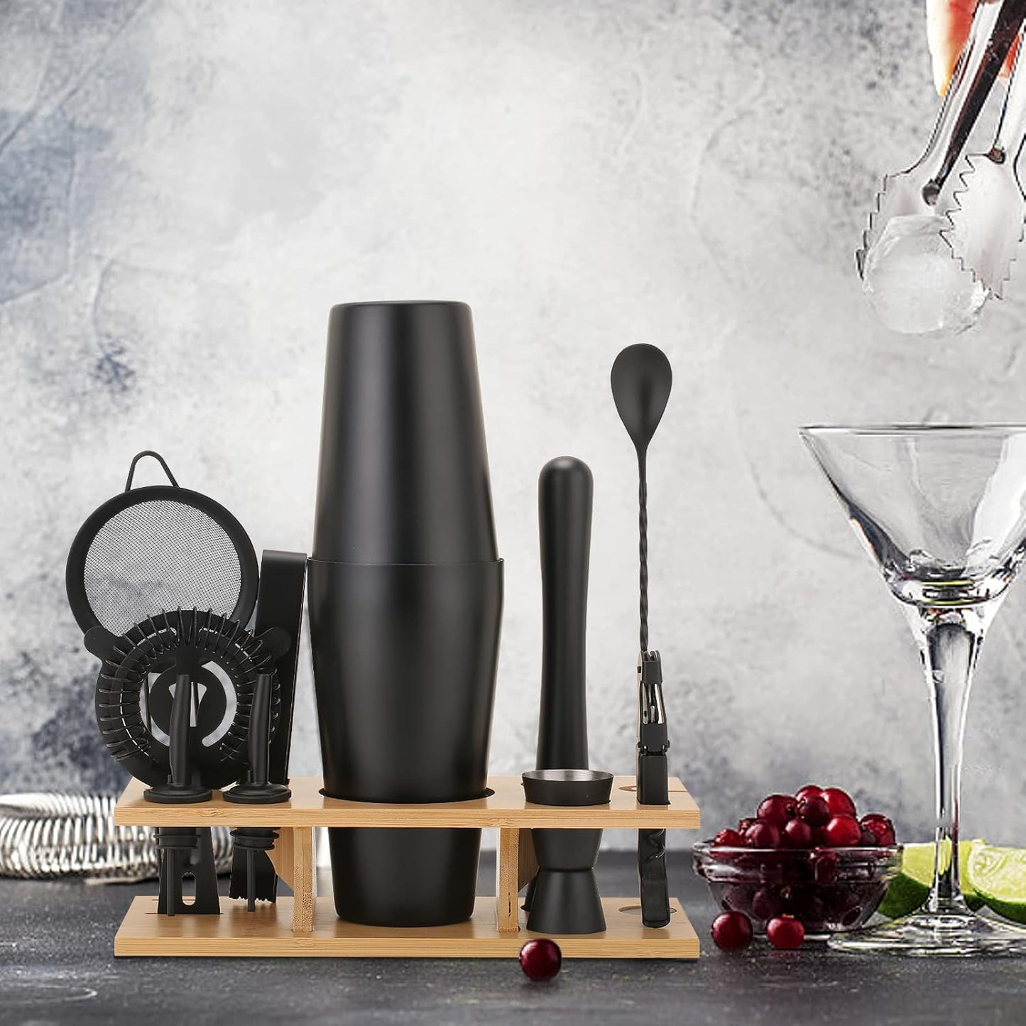 11Pcs-Cocktail Shaker Set Stainless Steel Bartending Kit 25oz Boston Shaker Bar Set Cocktail Mix Drink Making Kit Professional Bar and Home Drink Bar Tools for Bartender(Matte Black)