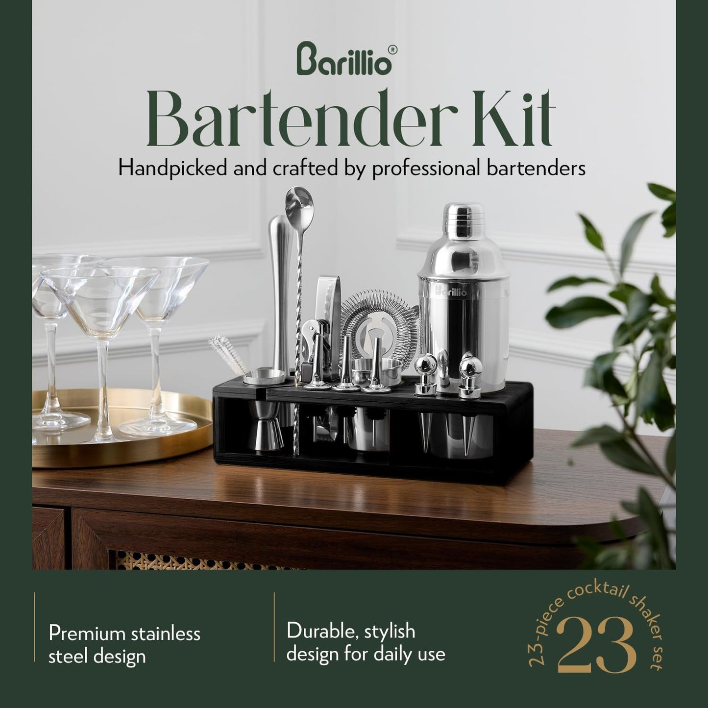 Barillio Silver Bartender Kit - Stainless-Steel Cocktail Shaker Set w/Black Bamboo Stand - Mixology Bar Tools w/Drink Shaker, Mixer & Muddler for Cocktails - Home Bar Accessories - 23-Pc Bar Set