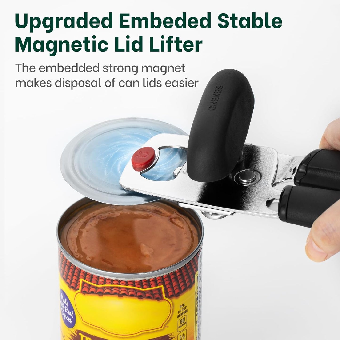 Beneno Heavy Duty Multifunctional Manual Can Opener and Bottle Opener with Magnet, Ultra Sharp High-Carbon Steel Smooth Cutting Blade, Ergonomic Easy to Turn Knob, Soft Non-Slip Rubber Handles, Black