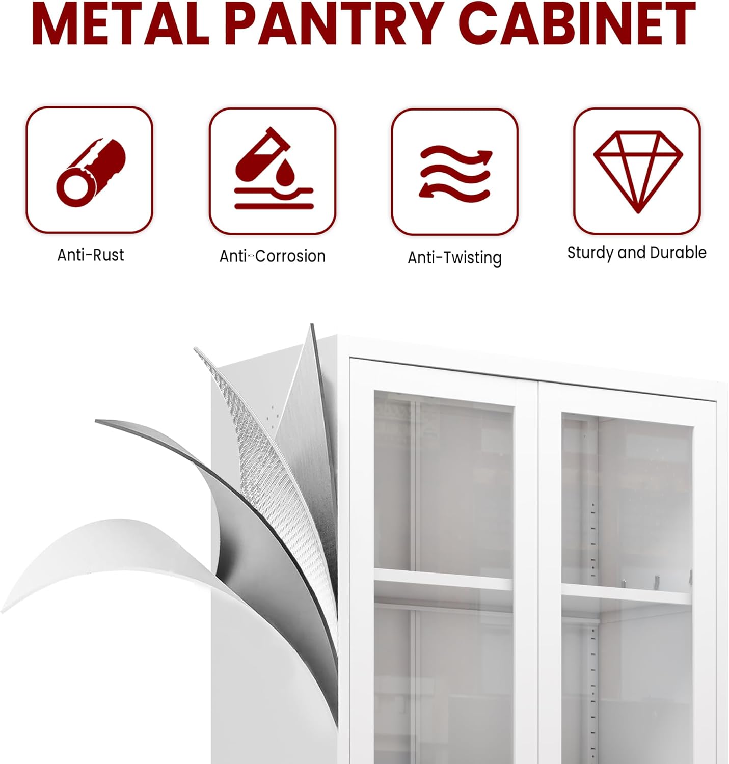 AQY Kitchen Pantry Cabinet,72" White Pantry Storage Cabinet with 5 Tire Adjustable Shelves and Glass Doors,Freestanding Cupboard,Metal Pantry Cabinets with Handle for Living Room,Assembly Required