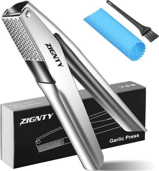Garlic Press Stainless Steel，Professional Garlic Mincer Tool No Need to Peel，Dual Lever-Assisted Garlic Masher with Large Chamber，High Effective Garlic Crusher & Garlic Presser Dishwasher Safe
